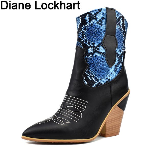 

2019 snake print western cowgirl boots women faux leather cowboy ankle boots woman wedge high heel chunky chaussure femme, Black