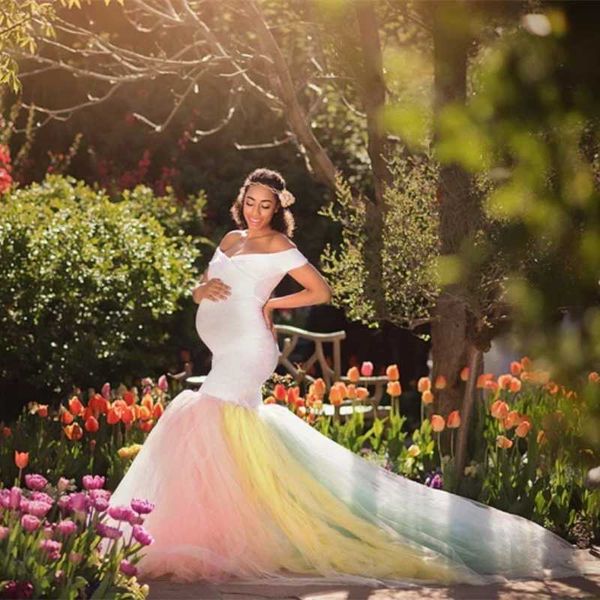 

lace maternity pgraphy props dresses rainbow mesh pregnancy dress long pregnant women maxi maternity gown for p shoots, White