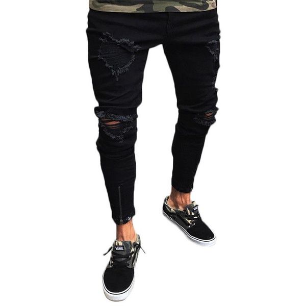 

men's cotton slim fit jeans black hole no-stretch zipper male feet pants trend jeans casual simple breathable fashionable new, Blue