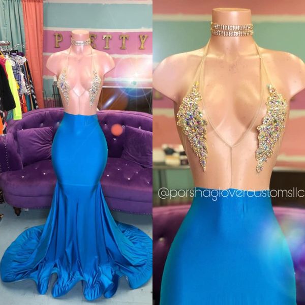 

2020 sparkly sexy русалка пром платья холтер backless ocean blue бисера кристалл оборками вечерние платья african платье знаменитости, Black