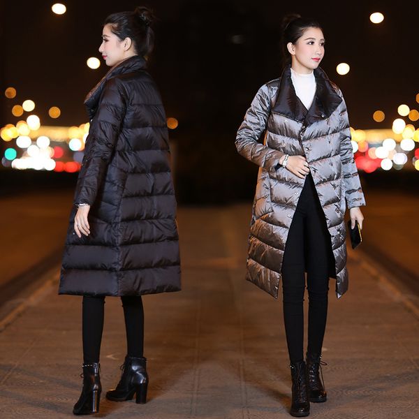 

south korean double-sided wear light and thin down jacket women's medium length, Black