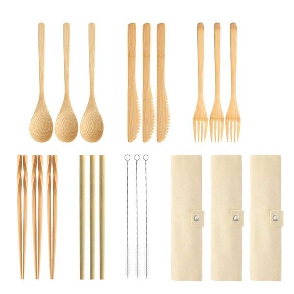 

bamboo cutlery set of 3, reusable bamboo cutlery including knife, fork, spoon, chopsticks,reusable straw, suitable for travel p flatware set