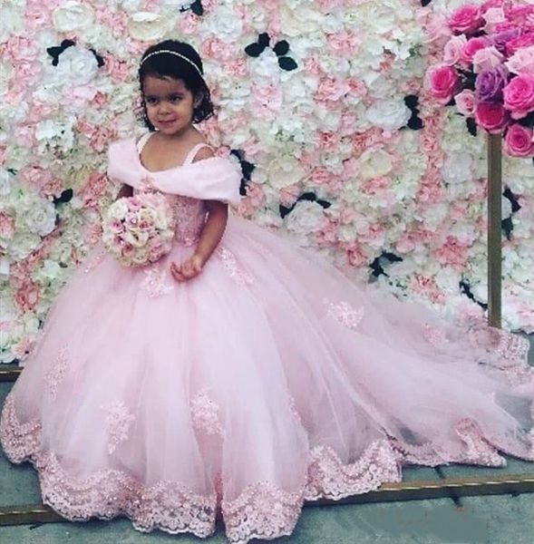 

amazing princess blush flower girls dresses for wedding little girls party dress lace applique bows pleated cold shoulder ball girls, White;blue