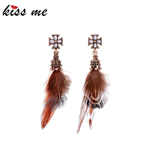 

kiss me unique acrylic pearl brown feather tassel drop earrings for women gifts vintage color dangle earrings fashion accessory, Silver