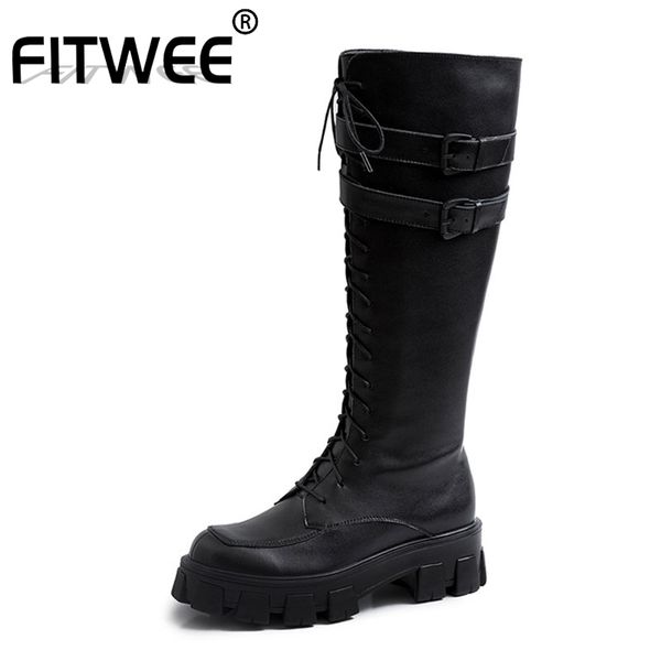 

fitwee knee high boots women real leather knight shoes women winter cross strap buckle square heels platform boots size 34-39, Black