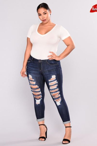 

skinny jeans women code denim holes destroyed knee pencil pants casual high waist trousers stretch ripped jeans o8r2, Blue