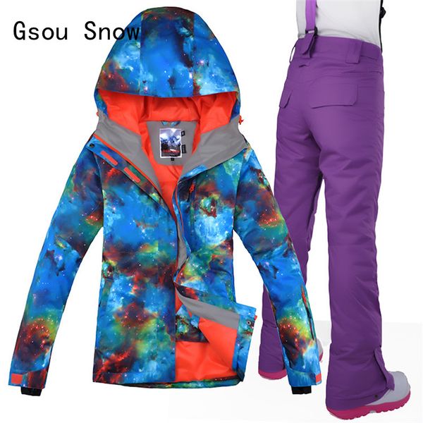 

women ski jacket+pants gsou snow winter super warm clothing windproof waterproof outdoor sport wear camping riding skiing suit