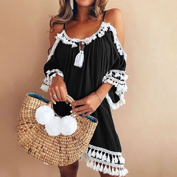 

women white lace dress casual spaghetti strap tassel patchwork loose dress plus size xxxl summer dress, Black;gray