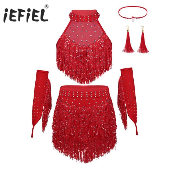 

kid girls leotard dance costumes tassel backless with skirt headband earrings reflective latin dance dancewear rumba samba, Black;red