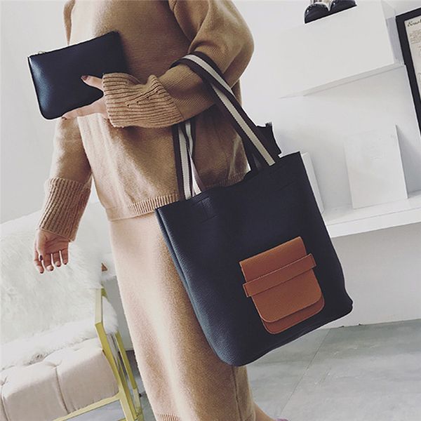 

2pcs/set fashion pocket leisure handbags buckle color bucket ladies bag shoulder bag travel 2 colors women handle bags