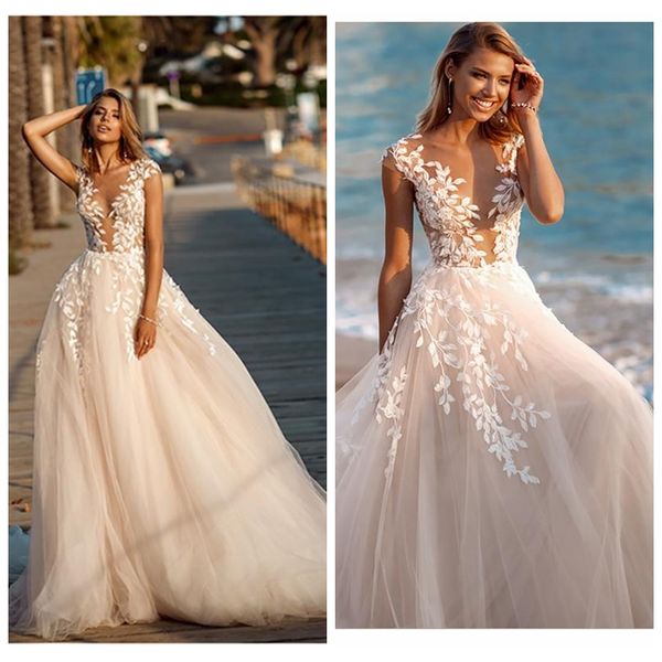 

boho стиль белые свадебные платья 2020 изысканное кружево аппликация бич платья невесты illusion назад puff у тюль свадебные платья с поезда, White