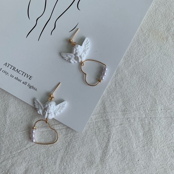 

s925 new creative harajuku cute cupid angel pendant drop earring heart with pearl jewelry for cool fashion women friendship girl, Silver
