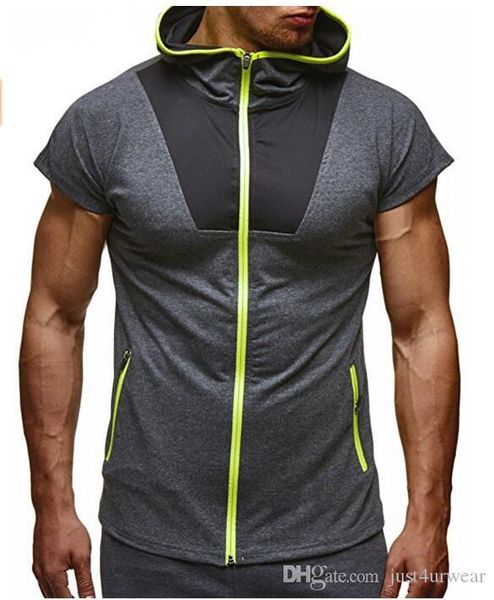 

мужчины спорт повседневная молния вверх футболки конфеты цвет заплатанные короткие рукава активные спортивные футболки с капюшоном, White;black