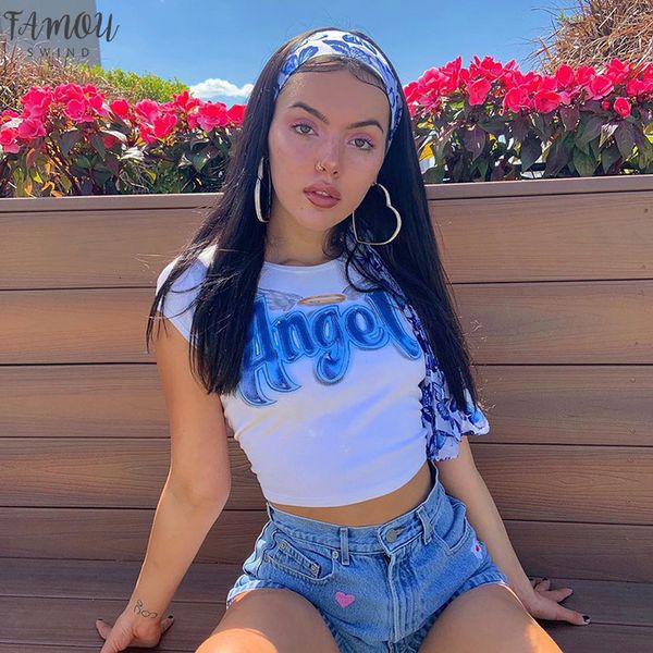 

print soild round neck short sleeve crop angel printing fitness shirts fashion 2020 summer y2k outfits, White
