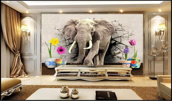 Wdbh 3d Wallpaper Custom Photo Elephant Broken Wall Wooden Floor Flower Pot Home Decor Living Room 3d Wall Murals Wallpaper For Walls 3 D Widescreen