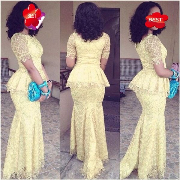 Yello aso ebi stiles spitzen abendkleider juwelenmalsmals formelle partykleider rüschen mermaid zipper zurück Kurzarm Promkleider