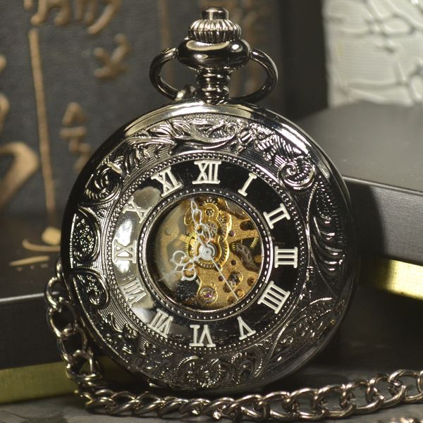 

tiedan skeleton steampunk full hunter bronze retro necklace chain mechanical pocket watch fashion black antique round watch, Slivery;golden