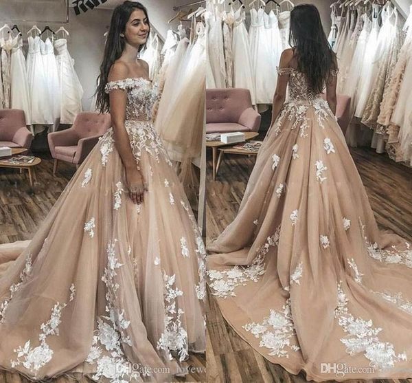 

gorgeous champange wedding dresses a line off shoulder sleeveless lace appliqued wedding dress bridal gowns vestidos de novia, White