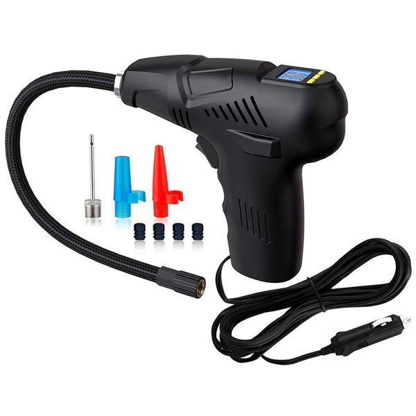 

digital tire inflator with tire gauge pressure,portable air compressor pump with 12v 120 psi lcd screen led light and 3 nozzles