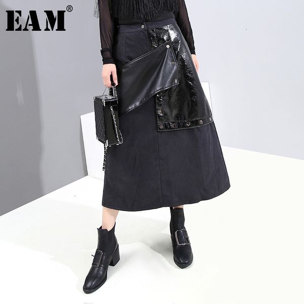 

eam] high elastic waist black pu leather split temperament half-body skirt women fashion tide new spring autumn 2019 1k476