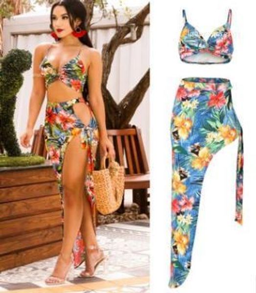 

2pcs club clothing sets women beach floral dresses female holiday bras split up dress, Black;gray