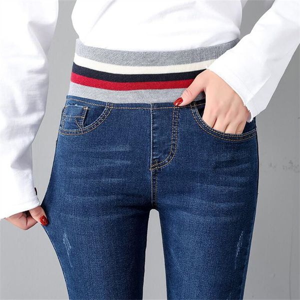 

2019 new jeans women's clothing autumn and winter jeans high waist trousers elasticated waist thread stretch pencil pants, Blue