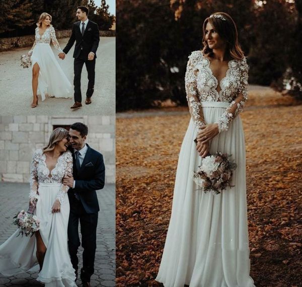 

bohemian long sleeves wedding dress a line chiffon beach country garden church formal bridal gown custom made plus size, White