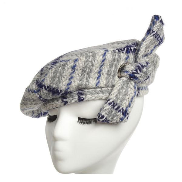 

women berets hat autumn winter fashion lovely cotton blend bowknot berets hats british retro leisure lattice line hat, Blue;gray