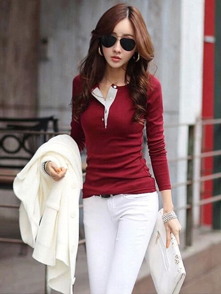 

women's casual slim t-shirt ladies casual long sleeve blouse, White
