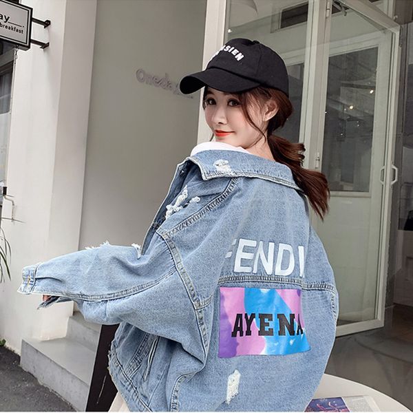 

женская повседневная мода тонкий отверстие джинсовая куртка 2019 весна и осень новый свободный дикий джинсовая куртка, Black;brown