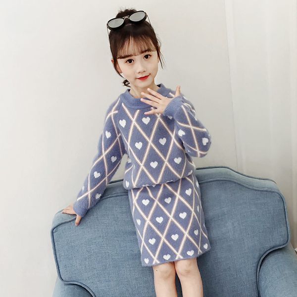

baby girls clothes set outerwear knitwear for girls kids winter 2pcs school clothing children outfits mink skirt suit 4-13t, White