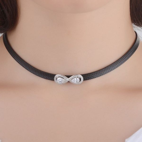 

kofsac new fashion 925 silver necklaces for women party black wax rope choker exquisite crystal cz 8 shape pendant jewelry gift