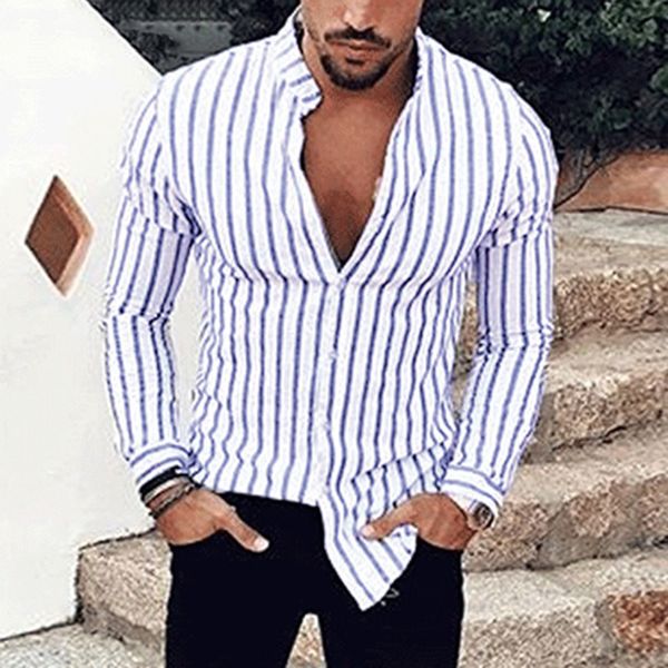 

casual men's striped shirt long sleeve stand collar streetwear business shirts, White;black