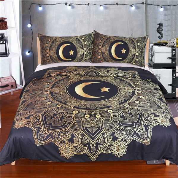 Golden Mandala Duvet Cover Black Flowers Star Moon Bedding Set