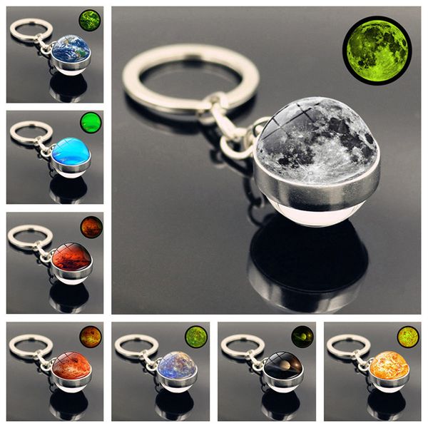 

solar system galaxy nebula double-sided glass ball luminous keychain moon earth mars charm keyring couple jewelry gifts, Silver