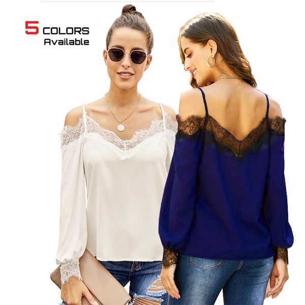 

fashion women off-shoulder deep v neck long loose sleeves ruffle lace blouse shirt ladies backless solid color casual blouse, White