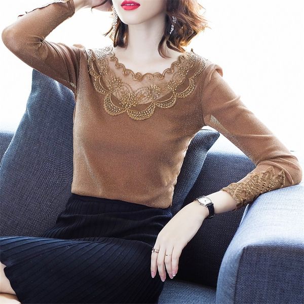 

plus size 2019 new women shirts full sleeve hollow out mesh lace bright silk blouse shirt khaki dark green black 9966, White