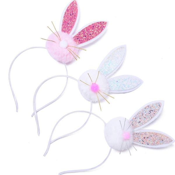 

boutique ins 12pcs fashion glitter ears hairbands fur pom pom hair sticks easter headwear princess hair accessories, Slivery;white