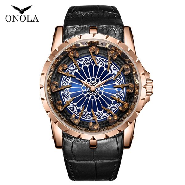 

onola fashion casual man watch 2019 new genuine leather waterproof colorful dress wristwatch classic designer luxury watch man, Slivery;brown