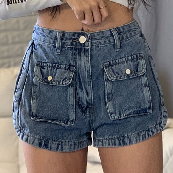 

2020 new casual tooling denim shorts jean female korean version loose thin large pockets high waist wide leg shorts jean, Blue