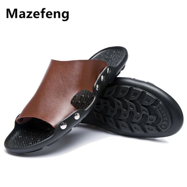 

summer genuine leather slippers hih quality men sandals rivet beach mens slippers platform male sandals rubber shoes, Black