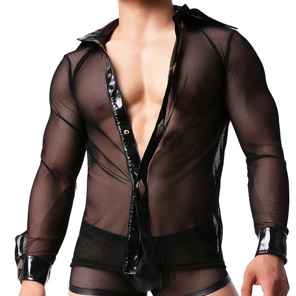 

aiiou men's mesh black t shirt transparent undershirts long sleeve see through male gay slim fit black thin clubwear, Black;brown