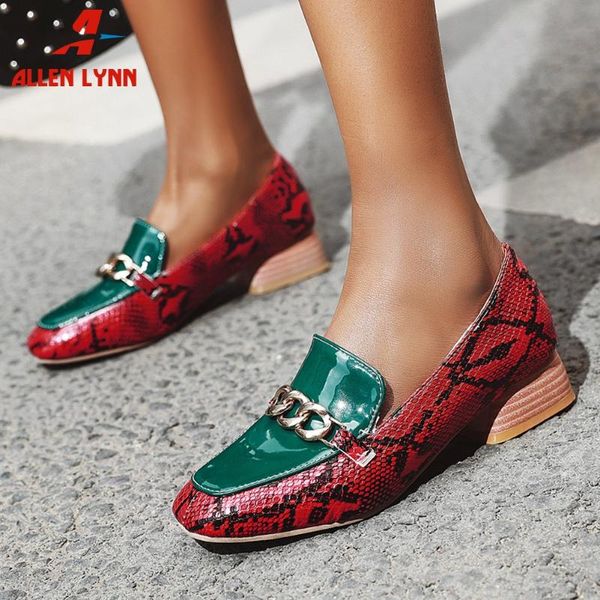 

allen brand fashion ladies med heels spring shoes woman square toe mixed color snake print metal pumps women pumps, Black