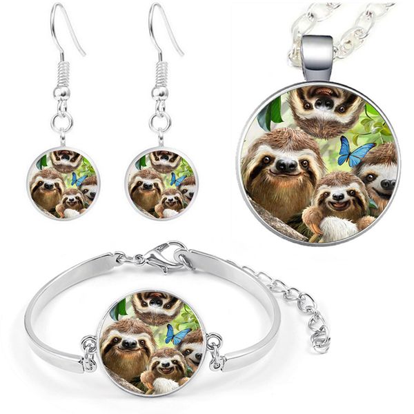 

4 pcs cute sloth jewelry sets animals p necklace pendant bracelet earrings gift, Silver