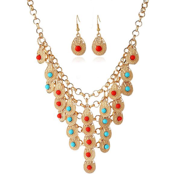 

bohemian multilayer water drop inlay colorful beads tassel pendant necklace earrings women wedding party fashion jewelry sets, Silver