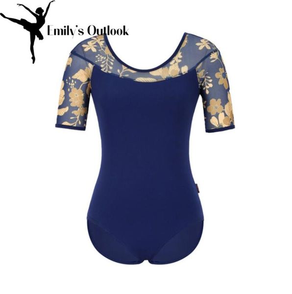 

stage wear women's halter neck spandex ballet dance gymnastics leotard short sleeve french floral print mesh jumpsuit bodysuit, Black;red