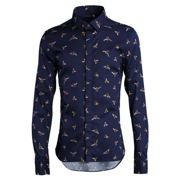 

100% cotton men shirt fashion bee allover printed men shirt long sleeve dress luxury mens shirts casual slim fit, White;black