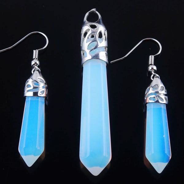 

wojiaer set women jewelry natural white opalite gem stone hexagonal pointed reiki chakra beads pendant dangle earrings dq3044, Black