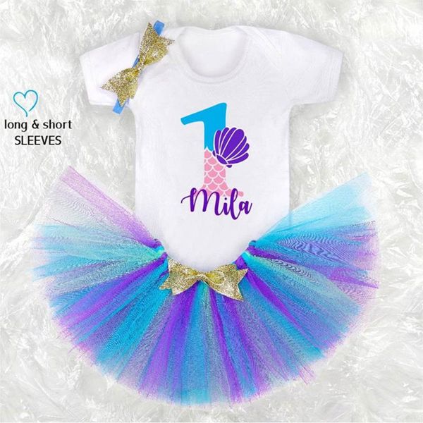 

custom name age mermaid baby girl outfit under the sea anniversary custom birthday girl tutu cake smash outfit sets, White