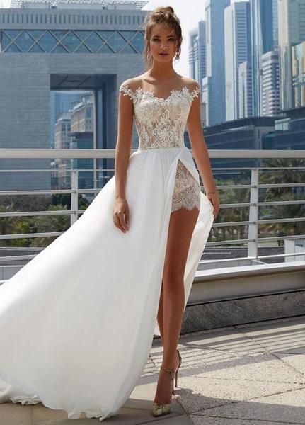 

2020 sheer neck short sleeves lace appliques a-line wedding dresses modest lace mini bridal gowns with overskirt formal robe de mariee, White